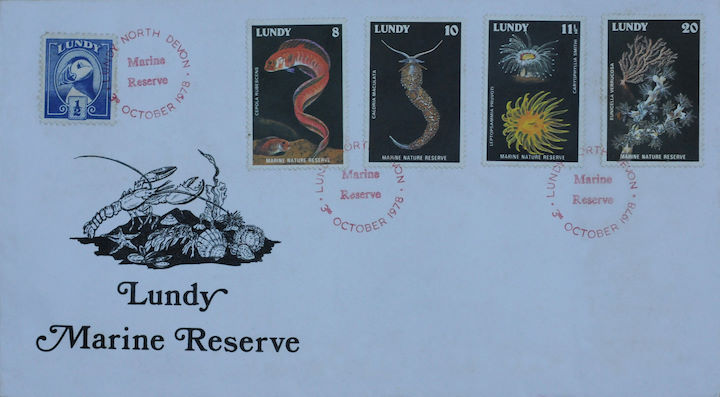 First Day Cover of four stamps celebrating the voluntary marine nature reserve, issued in October 1978. Depicted are a red band fish, a sea slug, two cup corals and a pink sea fan.