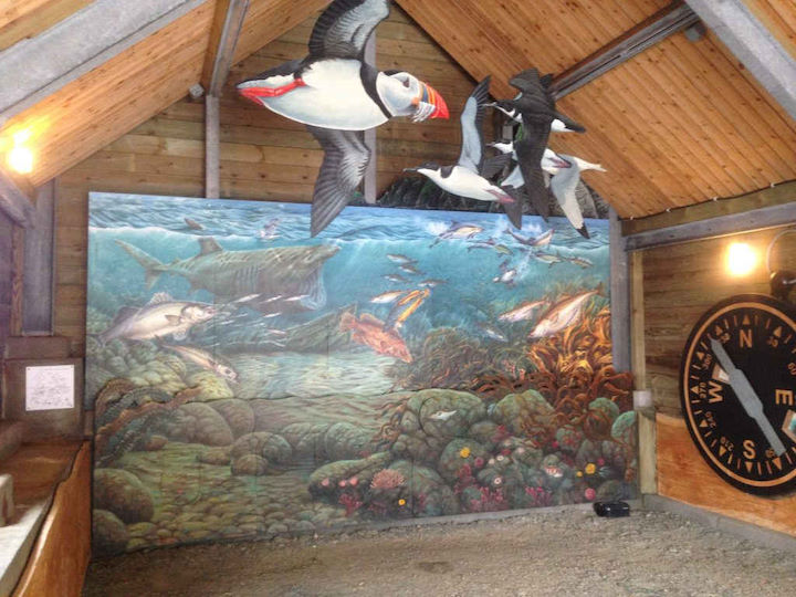 The magnificent marine life mural and suspended seabirds at the back of the Beach Building provide a welcome to the MPA for visitors dismbarking from the MS <em>Oldenburg</em> © Robert Irving
